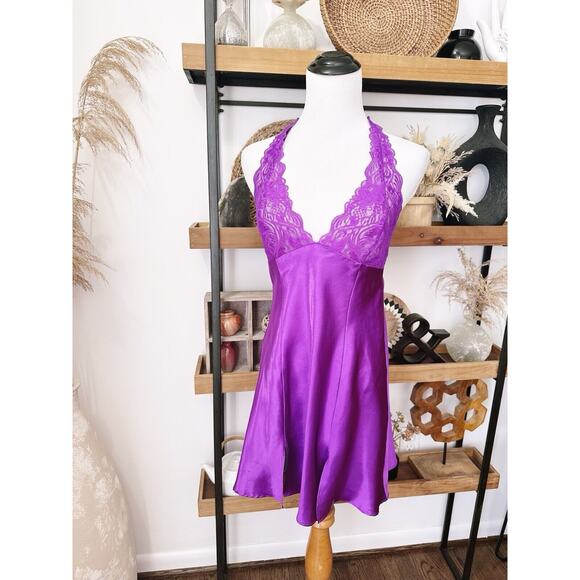 Vintage Y2K Frederick’s Of Hollywood Size Small Purple Silky Halter lace Chemise - Picture 1 of 6